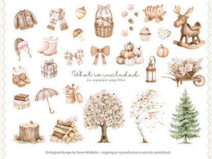 Gentle October - Watercolor Fall Animals Clipart Bundle, Kids Woodland PNG Collection | 60 PNG