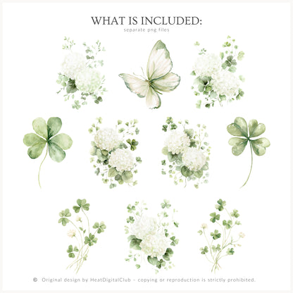 Lucky Fields - Floral Arrangements Clipart, St Patrick's Day Shamrock, Clover Hydrangea | 20 PNG