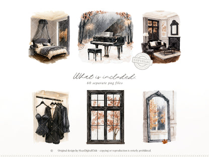 Fall After Dark - Clipart, Dark Coquette Autumn, Black Lace, Moody Rainy Autumn, Feminine Gothic | 40 PNG
