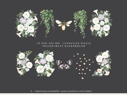 Firefly Garden - Floral Arrangements Clipart, Night Flowers, Lavender Botanical Bouquets, Moonflower | 20 PNG
