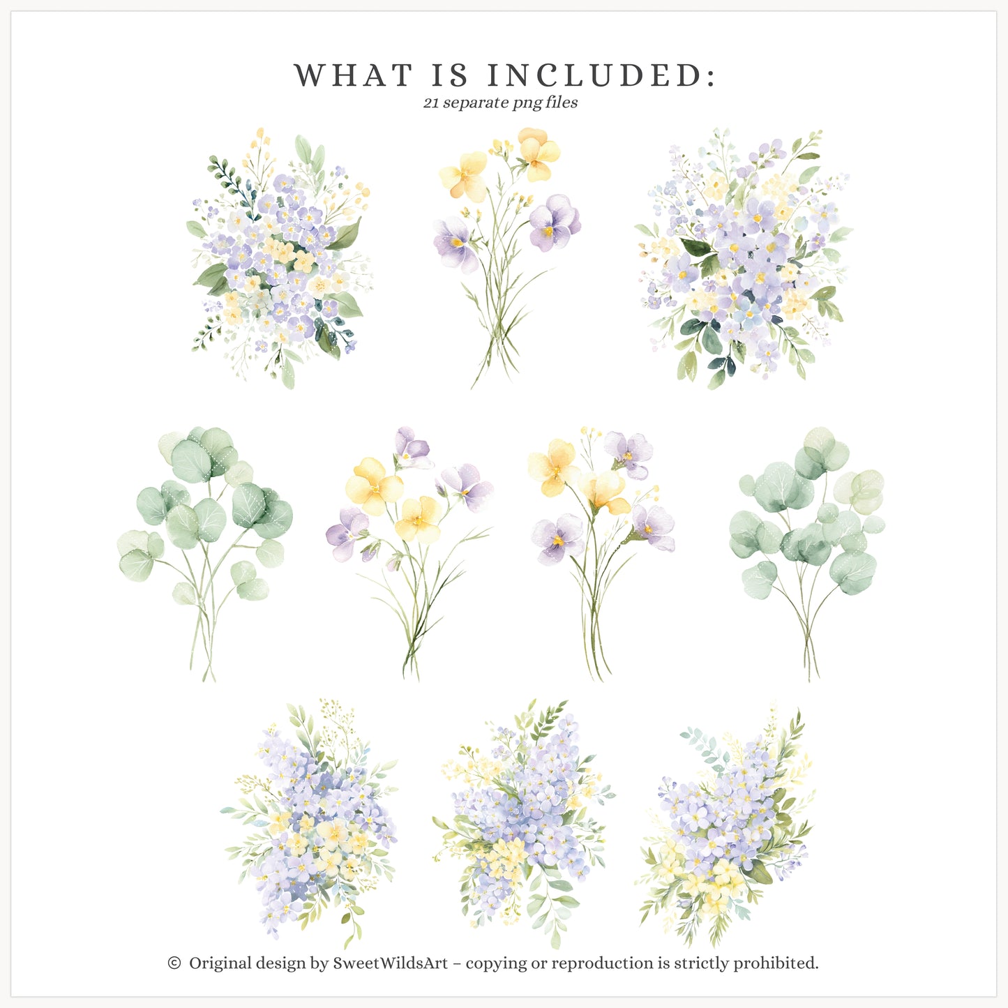 Sweet Easter - Floral Compositions Clipart, Lavender Yellow Blooms, Spring Florals, Cottage | 21 PNG