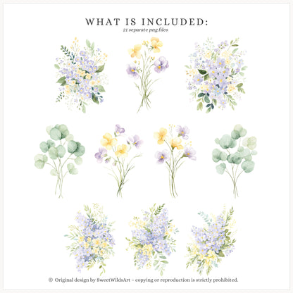 Sweet Easter - Floral Compositions Clipart, Lavender Yellow Blooms, Spring Florals, Cottage | 21 PNG