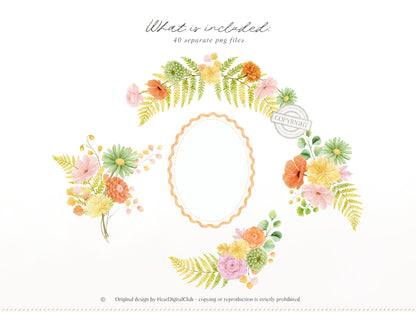Joyful Fall - Floral Arrangements Clipart, Pink Orange Autumn Flowers, Watercolor Botanical, Fall Bouquets | 40 PNG