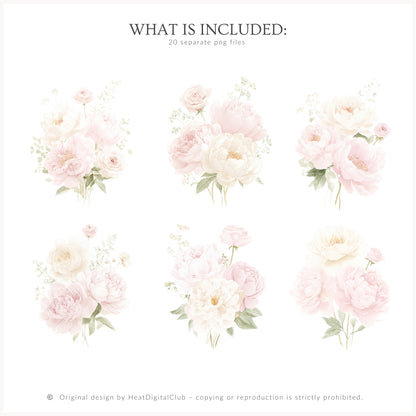 Pure Love - Floral Arrangements, Blush Pink Ivory, Romantic Bouquet, Feminine Peonies | 20 PNG