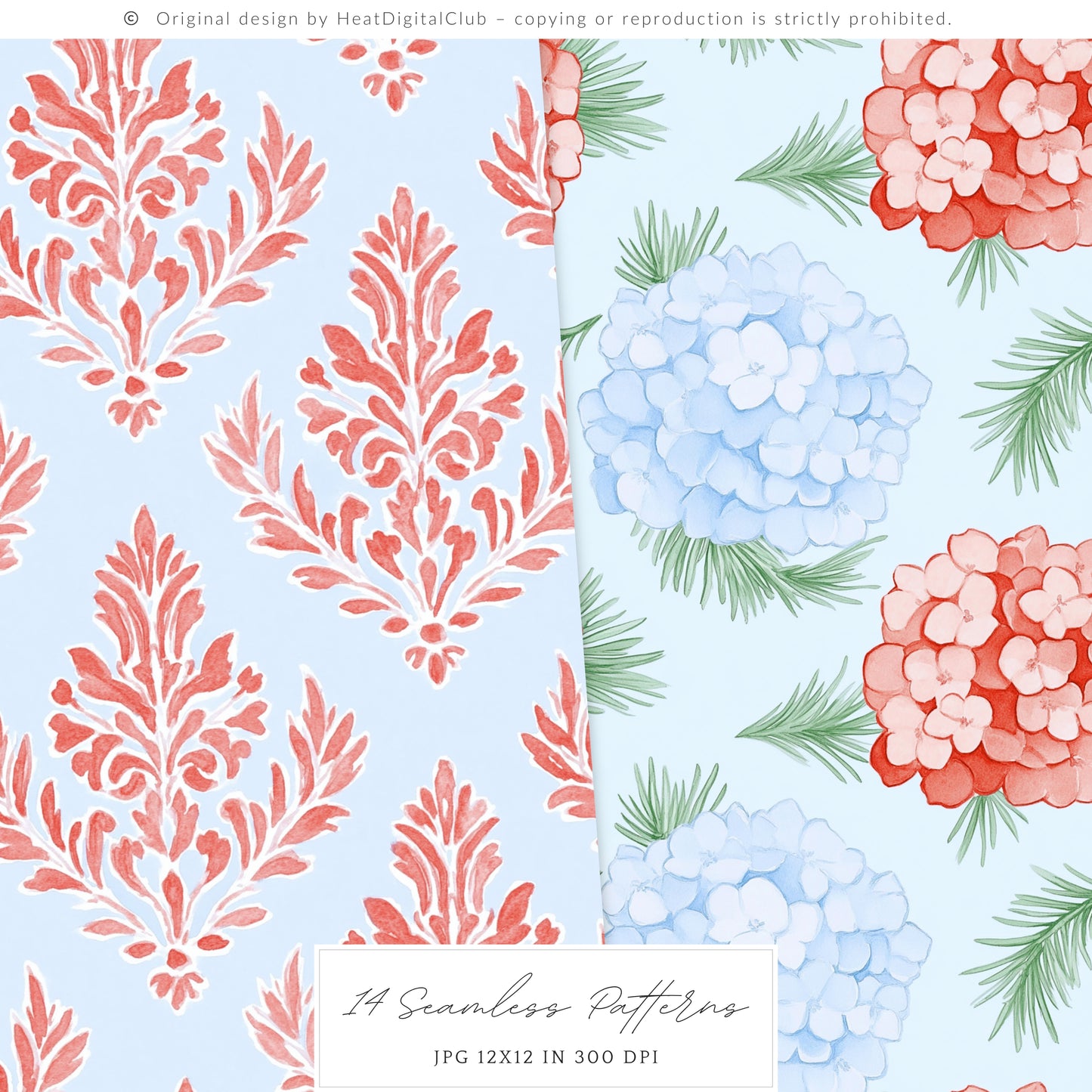 Merry Christmas - Seamless Patterns Set 2, Grandmillennial Holiday, Stripes, Plaid | 14 JPEG