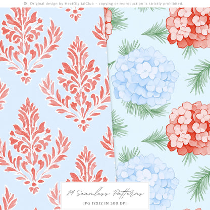 Merry Christmas - Seamless Patterns Set 2, Grandmillennial Holiday, Stripes, Plaid | 14 JPEG