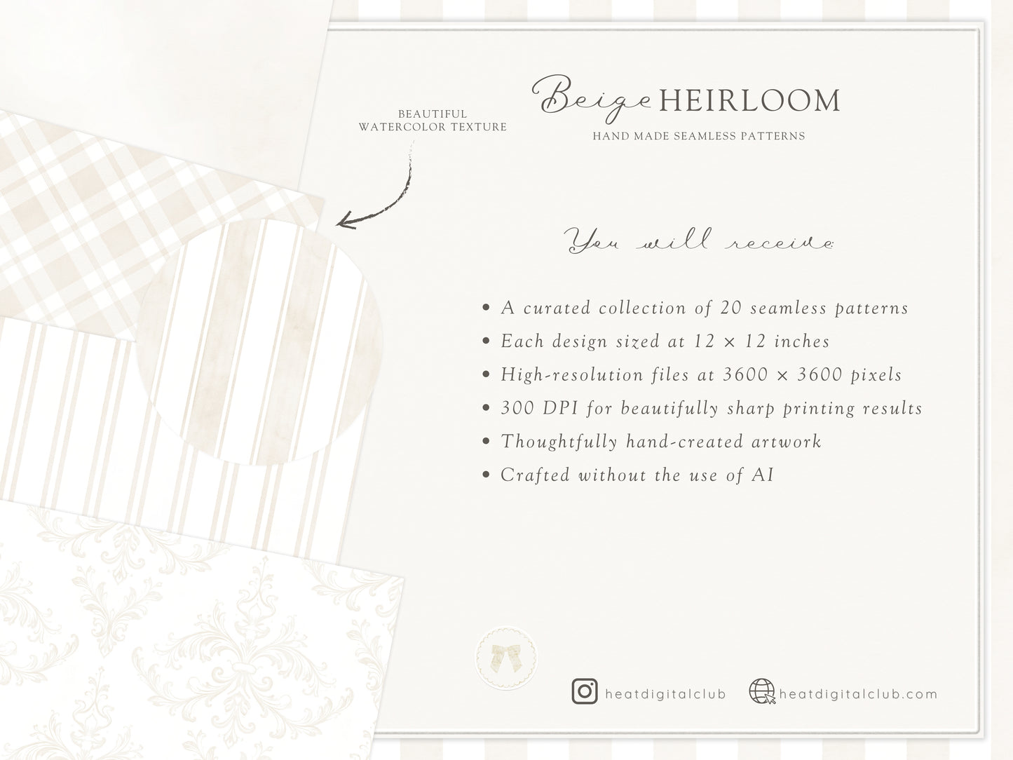 Beige Heirloom - Seamless Patterns, Classic Stripe Gingham Damask Bows, Elegant Neutral Digital Paper | 20 JPEG
