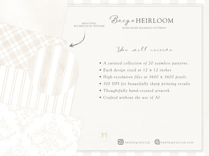 Beige Heirloom - Seamless Patterns, Classic Stripe Gingham Damask Bows, Elegant Neutral Digital Paper | 20 JPEG