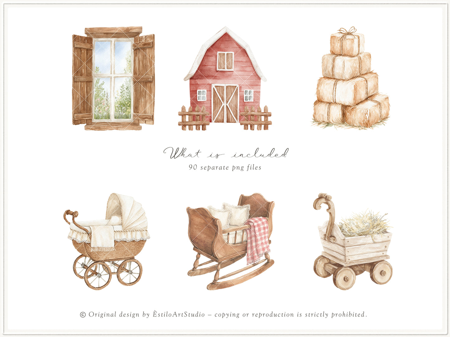 Farm Atelier - Clipart, Heirloom Nursery, Vintage Barn Animals, Farmhouse Baby Shower, Cottage Farm Seamless Patterns | 104 PNG/JPEG
