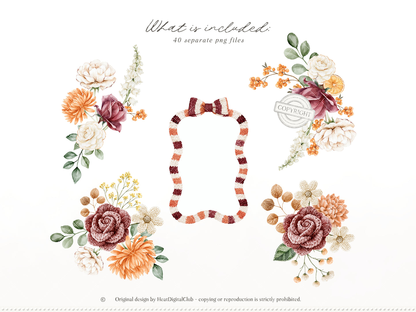 Knitted Fall - Floral Arrangements Clipart, Autumn Flowers, Burgundy Rose, Autumn Botanicals | 40 PNG