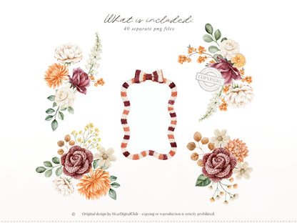 Knitted Fall - Floral Arrangements Clipart, Autumn Flowers, Burgundy Rose, Autumn Botanicals | 40 PNG