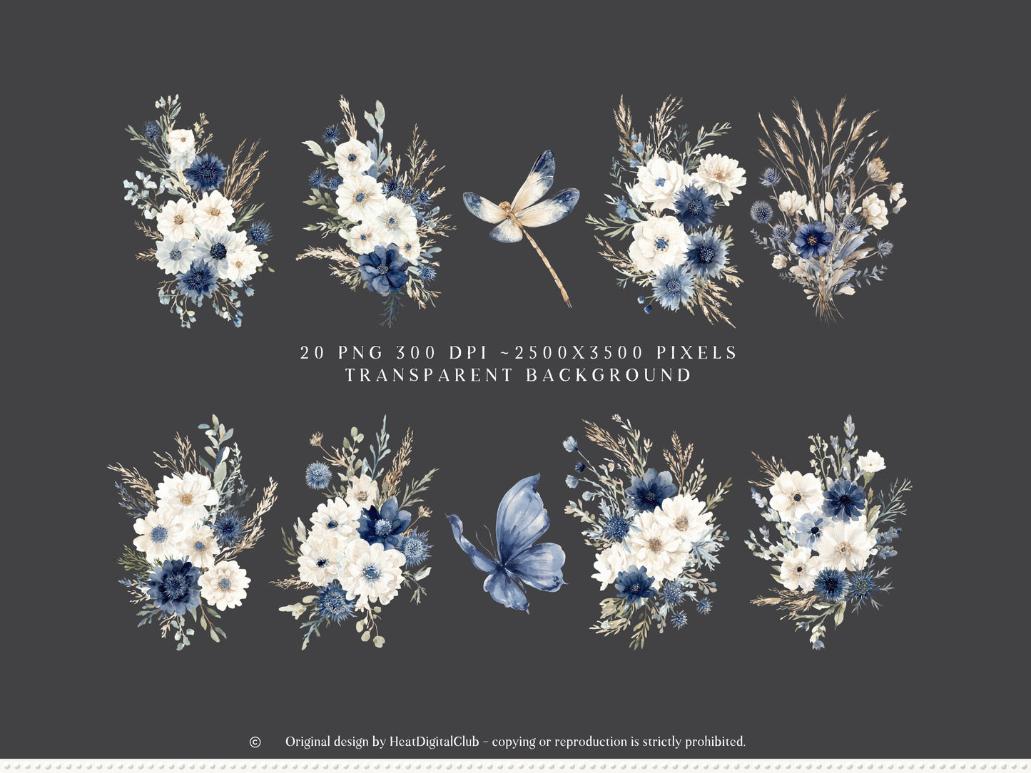 Cold Shore - Coastal Floral Arrangements, Navy Sea Flower, Beach Grass Bouquet, Ocean Botanical | 20 PNG