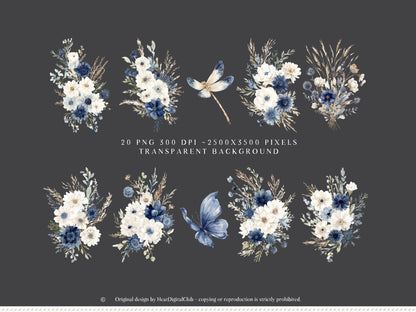 Cold Shore - Coastal Floral Arrangements, Navy Sea Flower, Beach Grass Bouquet, Ocean Botanical | 20 PNG