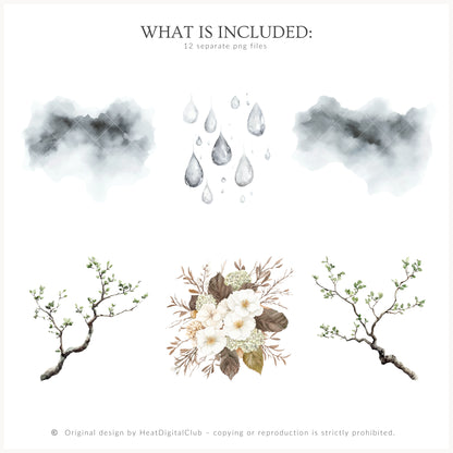 Rainy Kyoto - Floral Arrangements, White Elegant Flowers, Japanese Botanical | 12 PNG