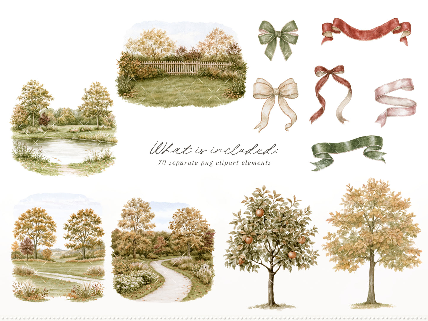 Autumn Menagerie - Watercolor Fall Clipart and Seamless Patterns Bundle, Rustic Garden Graphics | 90 PNG/JPEG