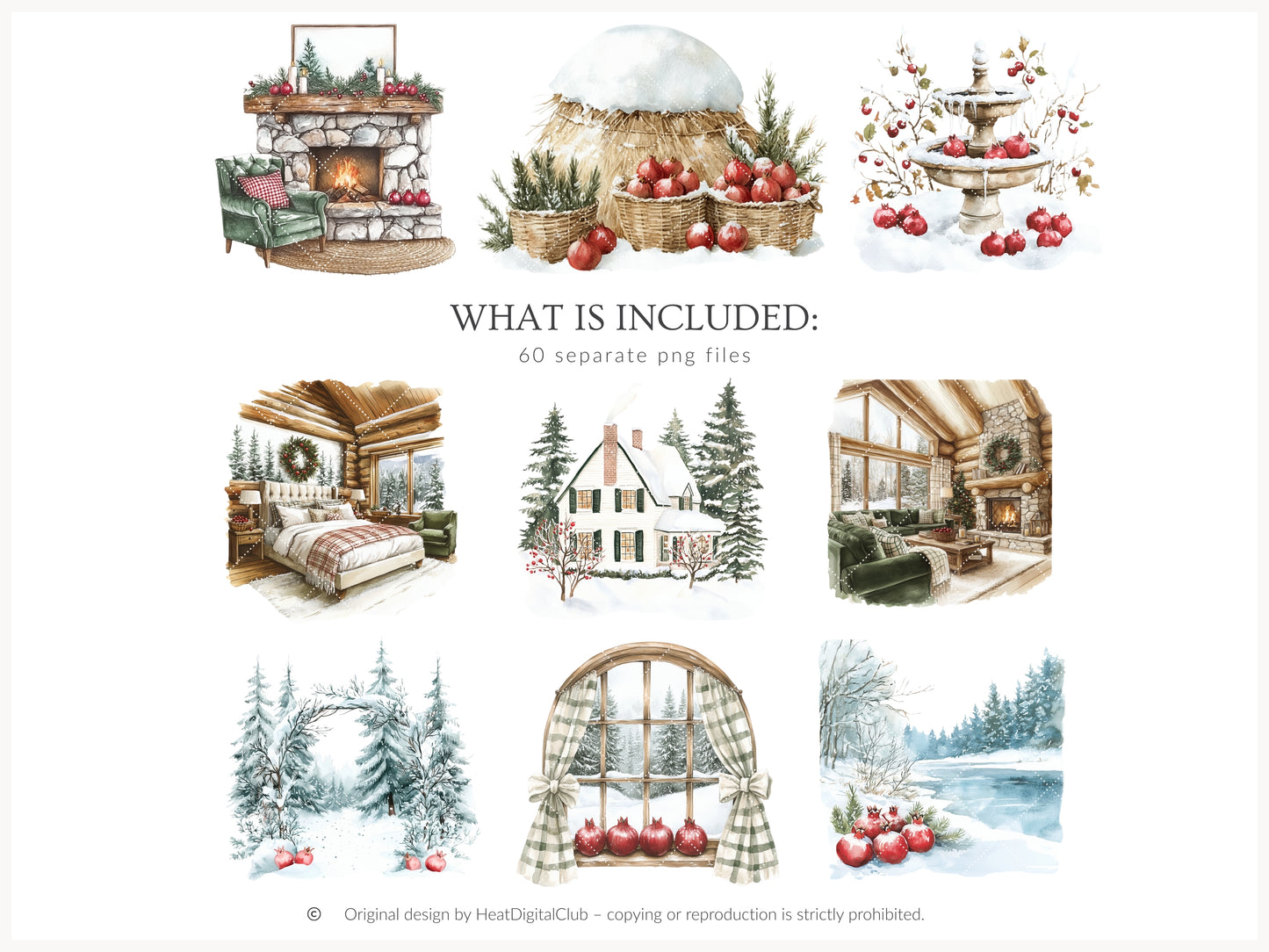 Winter Pomegranate - Clipart Set,  Holiday Fruits, Cozy, Rustic Xmas | 60 PNG