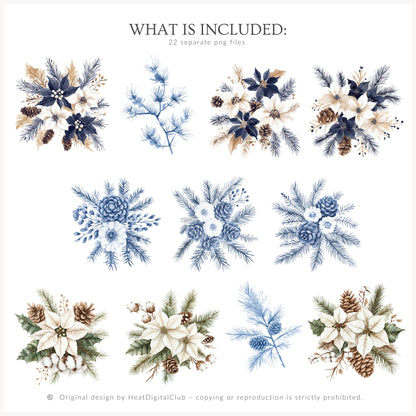 Winter Residence - Watercolor Floral Arrangements, Elegant Christmas Ornaments | 22 PNG