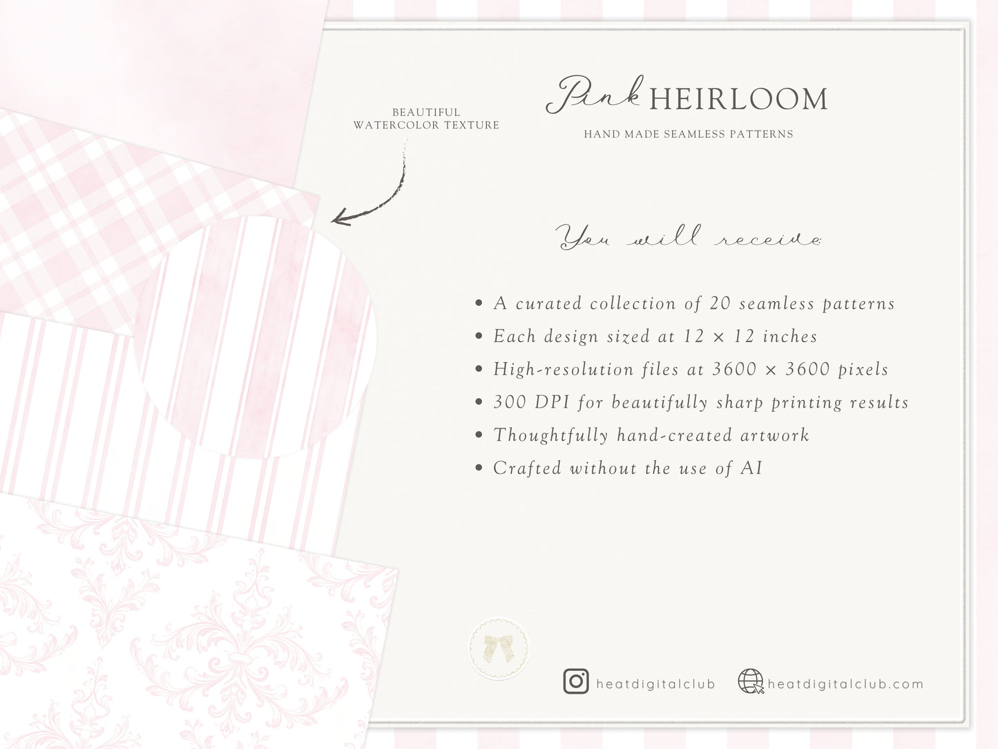 Pink Heirloom - Seamless Patterns, Classic Stripe Gingham Damask Bows Repeating, Elegant Pink Digital Paper | 20 JPEG