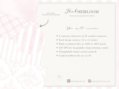 Pink Heirloom - Seamless Patterns, Classic Stripe Gingham Damask Bows Repeating, Elegant Pink Digital Paper | 20 JPEG