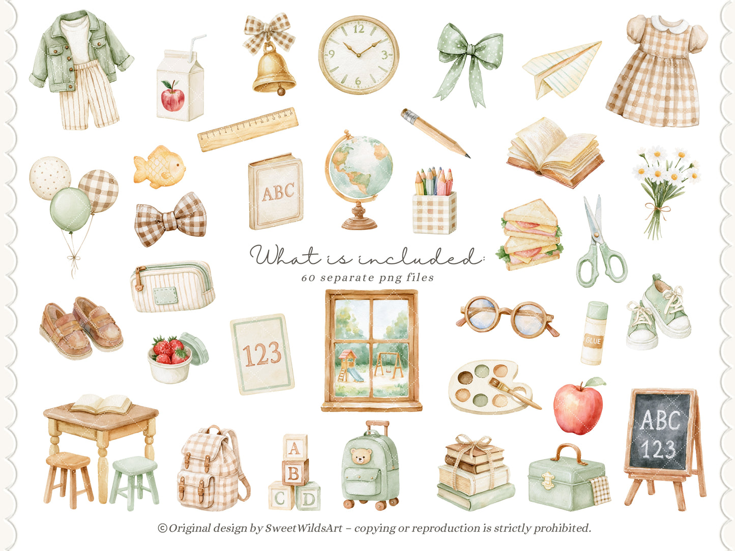 Back To School - Watercolor Clipart Bundle, School Animals, Preschool Toddlers Learning | 60 PNG