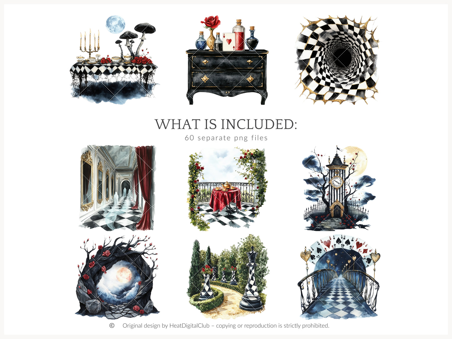 Haunted Alice - Halloween Clipart, Gothic Wonderland, Cheshire Cat, Flamingos | 60 PNG