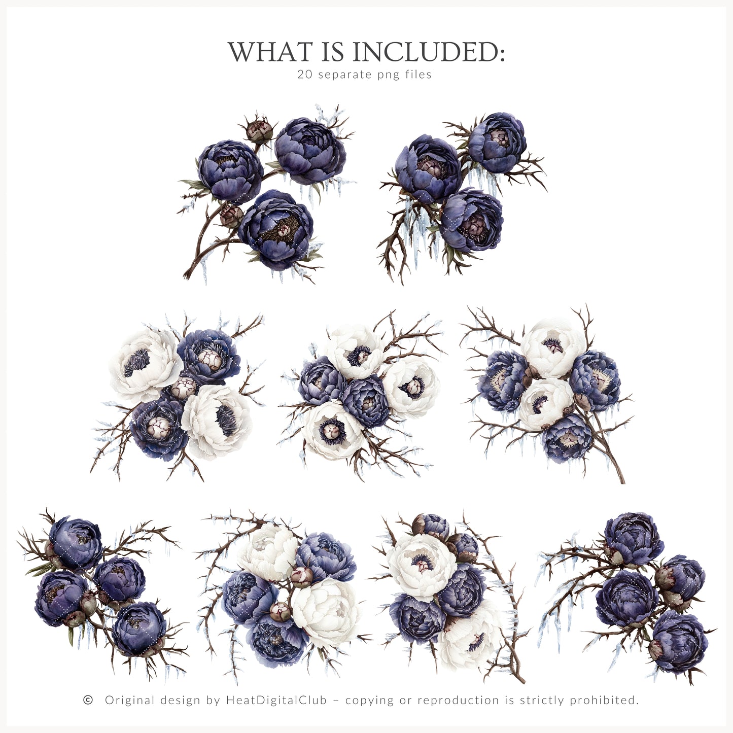 Winter Oracle - Floral Arrangements, Navy Violet Peonies, Enchanted Christmas | 20 PNG