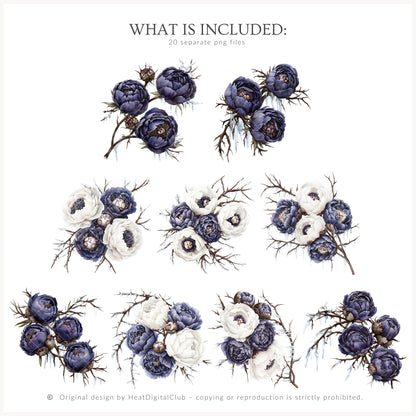 Winter Oracle - Floral Arrangements, Navy Violet Peonies, Enchanted Christmas | 20 PNG