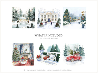 Chinoiserie Holidays - Clipart Set, Christmas, Tartan, Elegant Grandmillennial Winter | 66 PNG