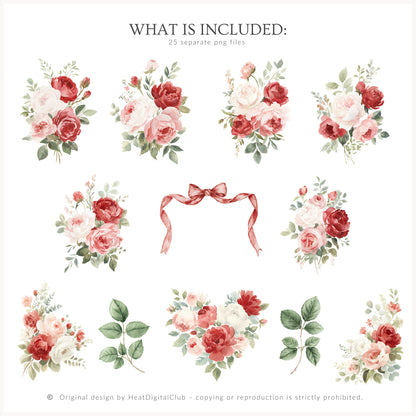 Heart to Heart - Valentine's Day Floral Arrangements Clipart, Valentine Roses, Romantic | 25 PNG