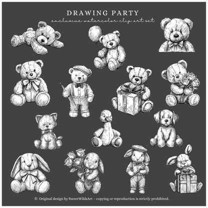 Drawing Party - Line Art Clipart, Birthday Animals, Black and White Teddy Bear | 35 PNG