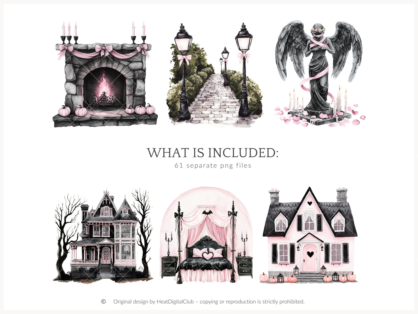 Pretty Haunting - Clipart, Black & Pink Halloween, Cozy Spooky Haunted House| 61 PNG