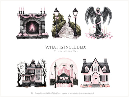 Pretty Haunting - Clipart, Black & Pink Halloween, Cozy Spooky Haunted House| 61 PNG