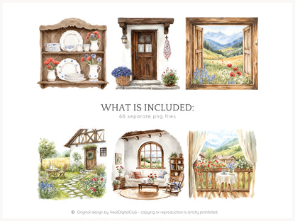 Alpine Summer -  Bavarian Cottage, Summer Clipart, Rustic Countryside | 60 PNG