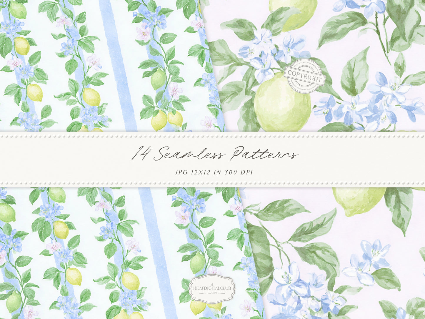 Grandmillennial Set 6 - Seamless Patterns, Italian Lemon Floral, Blue Yellow Tile, Plaid Digital Repeating Pattern | 14 JPEG