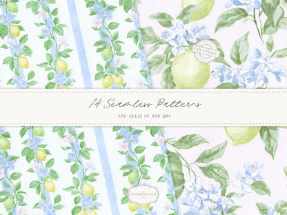 Grandmillennial Set 6 - Seamless Patterns, Italian Lemon Floral, Blue Yellow Tile, Plaid Digital Repeating Pattern | 14 JPEG