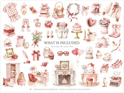 Heart to Heart - Valentine's Day Clipart, Cute Animals, Hearts, Bows, Romantic Love | 70 PNG