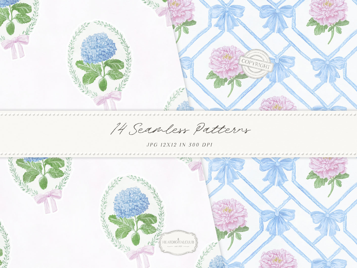 Grandmillennial Set 5 - Seamless Patterns, Pastel Floral, Stripes, Plaid, Pink & Blue Digital Repeating Pattern | 14 JPEG