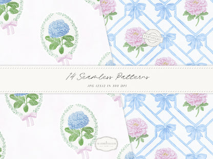 Grandmillennial Set 5 - Seamless Patterns, Pastel Floral, Stripes, Plaid, Pink & Blue Digital Repeating Pattern | 14 JPEG