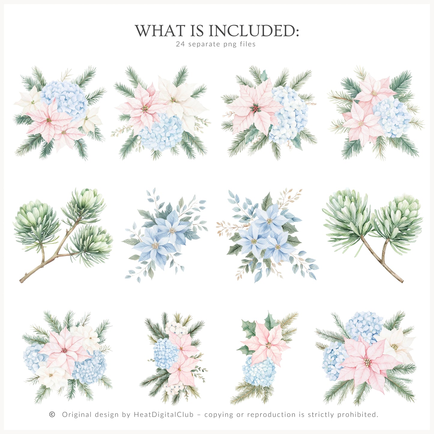 Pastel Noël - Floral Arrangements, Christmas, Soft Holiday Bouquets, Pink & Blue Greenery | 24 PNG