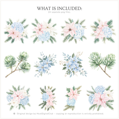 Pastel Noël - Floral Arrangements, Christmas, Soft Holiday Bouquets, Pink & Blue Greenery | 24 PNG