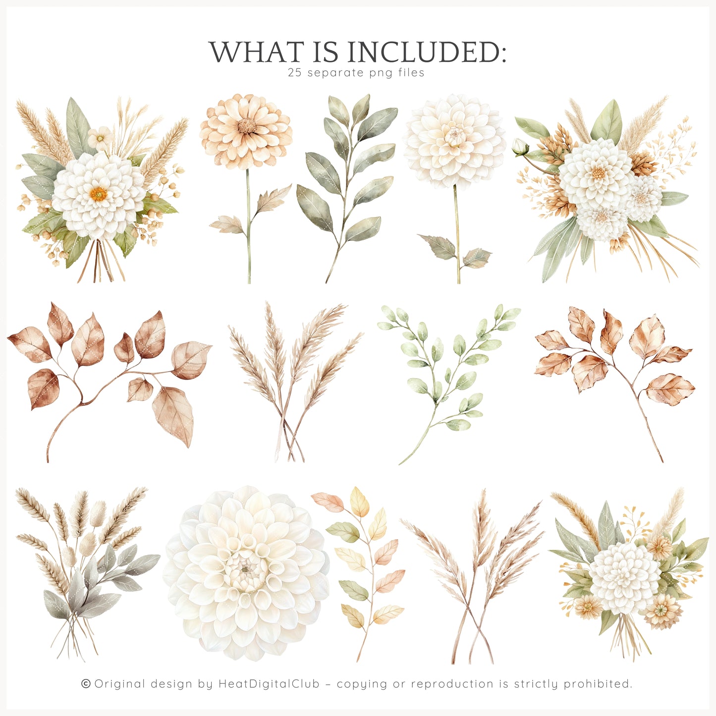 September End - Floral Arrangements Clipart, Dahlias, Sage, Pumpkins | 25 PNG
