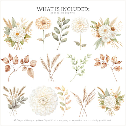 September End - Floral Arrangements Clipart, Dahlias, Sage, Pumpkins | 25 PNG