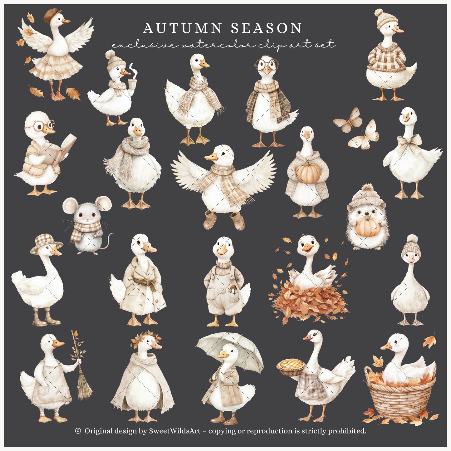 Autumn Season - Cute Fall Silly Goose, Cozy, Kids Clipart, Baby Shower | 60 PNG