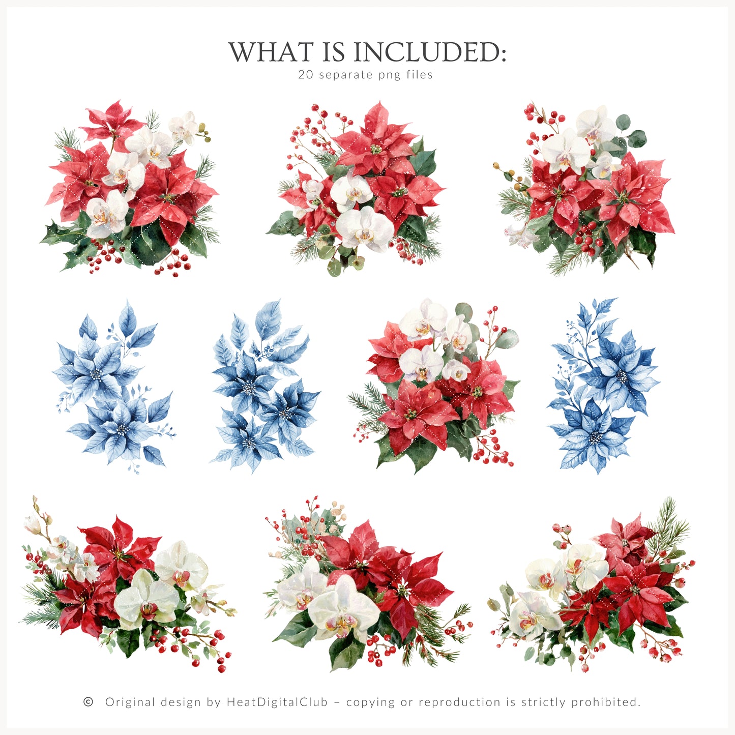 Chinoiserie Holidays - Floral Arrangements Clipart, Poinsettia, Holiday Bouquets | 20 PNG