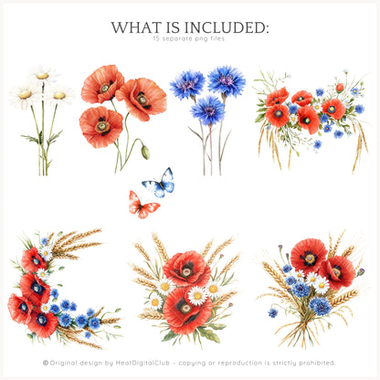 Alpine Summer - Floral Arrangements Clipart, Poppies and Cornflowers | 12 PNG