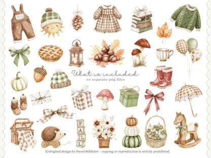 Fall Classics - Teddy Bears Clipart, Autumn Kids Animals, Goose, Fox, Pumpkins, Cozy Nursery | 60 PNG