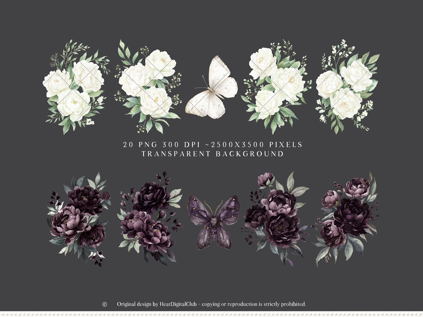 Day & Midnight -Floral Arrangements Clipart, Ivory & Dark Peony Watercolor Flowers, Gothic Romantic | 20 PNG
