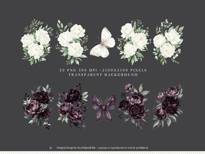 Day & Midnight -Floral Arrangements Clipart, Ivory & Dark Peony Watercolor Flowers, Gothic Romantic | 20 PNG