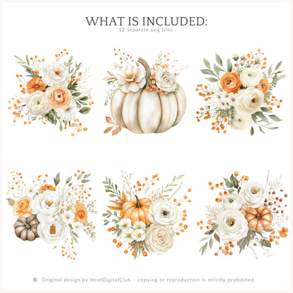 Born In Fall - Floral Arrangements Clipart, Autumn, Pumpkins, Soft Orange & Brown | 12 PNG