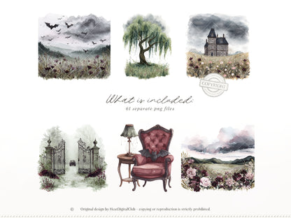 Haunted Spring - Gothic Spring Clipart, Dark Floral Clipart, Moody Spring, Cottagecore | 61 PNG